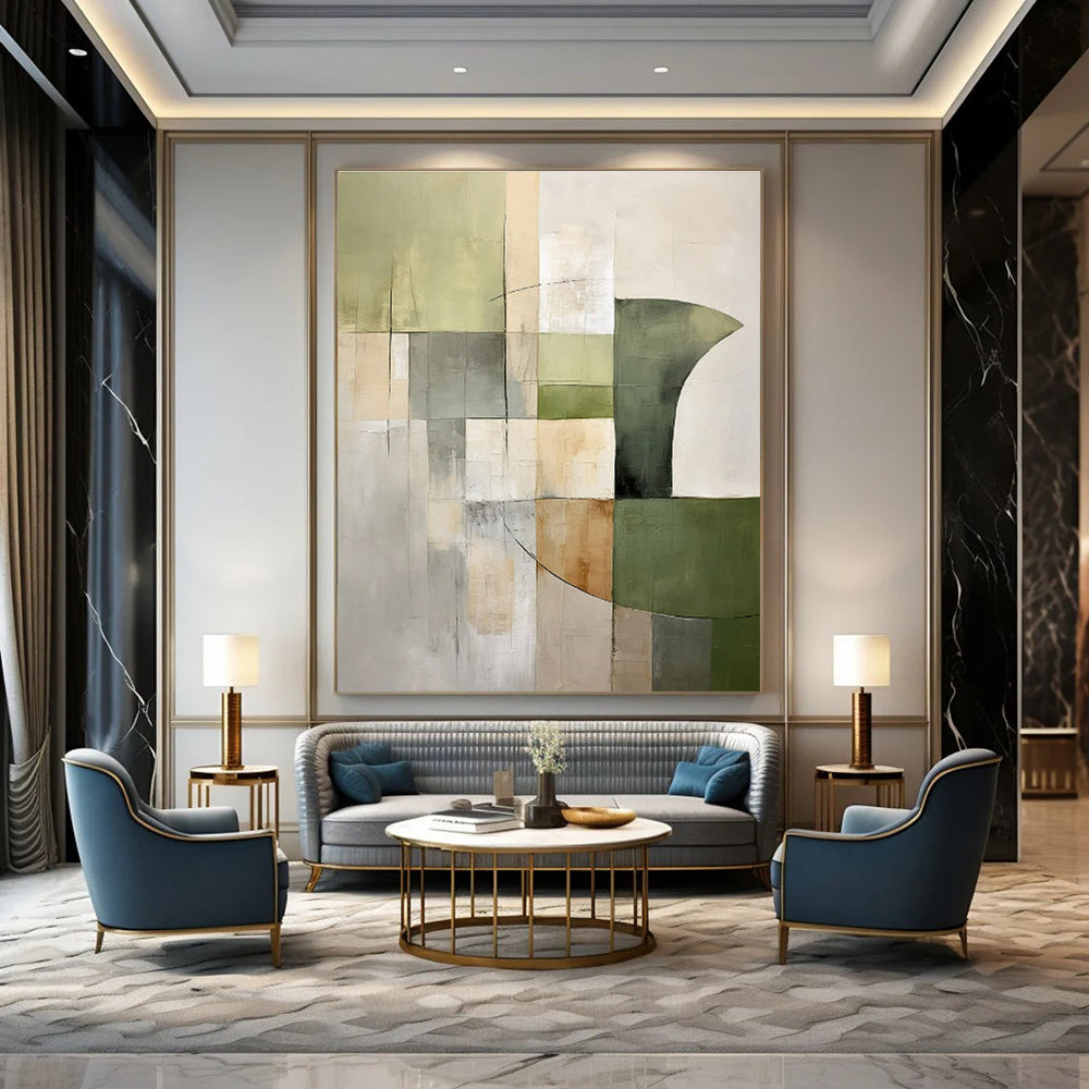 Earthy Greens, Browns & Greys, Geometric Collage - "Nature’s Grid" - Abstract Mixed - media Painting CT1440