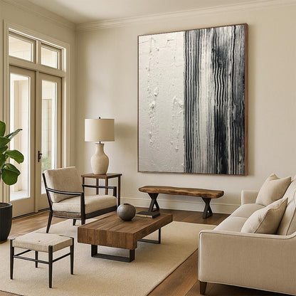“White, Black Textured Stripes ‘Industrial Calm’” - Impasto Abstract Painting On Canvas DTP382
