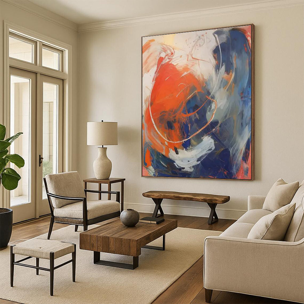 “Orange - Blue - White Abstract Swirls” ，Abstract Acrylic Painting CT0843