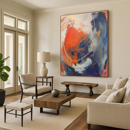 “Orange - Blue - White Abstract Swirls” ，Abstract Acrylic Painting CT0843