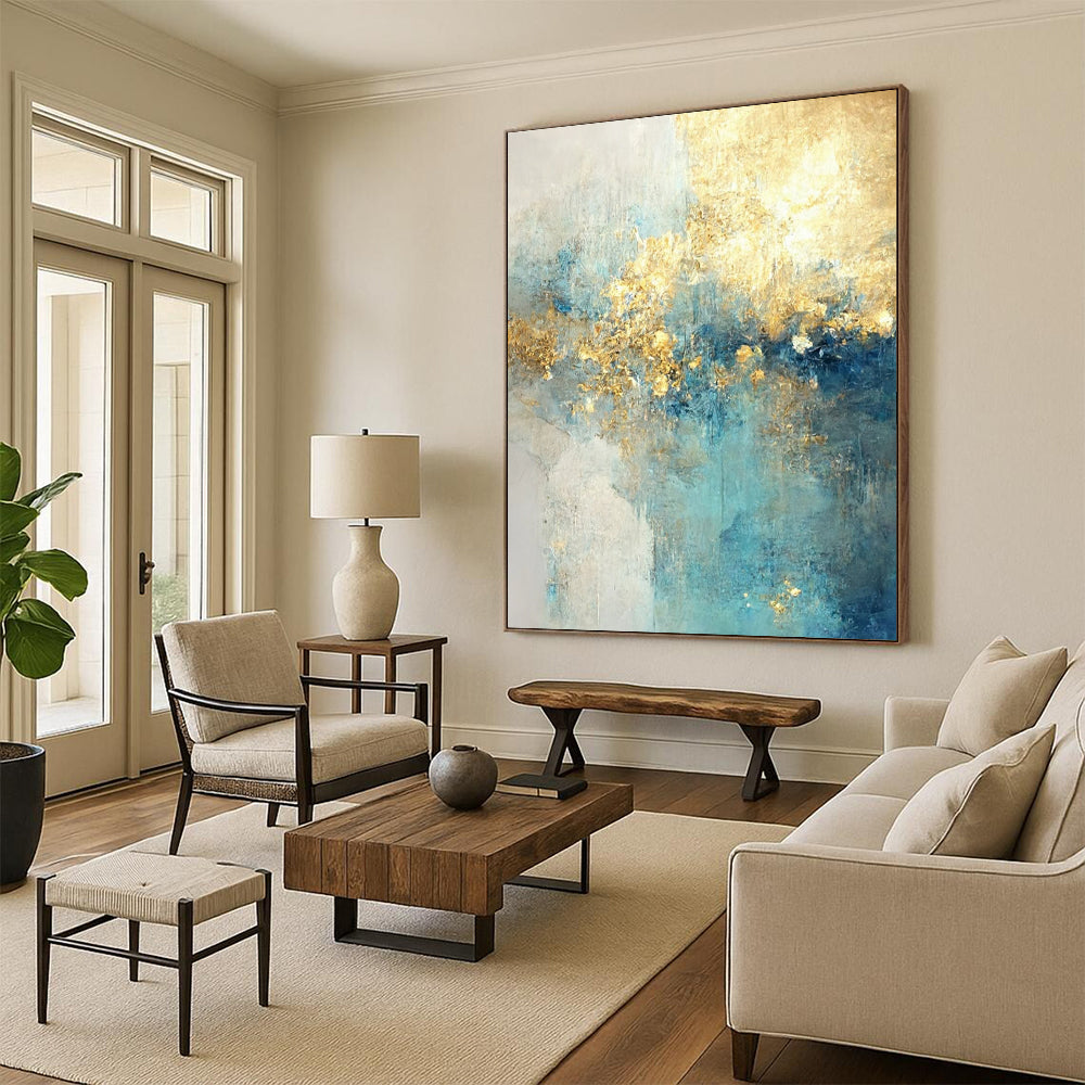 “Blue - Gold Abstract Landscape” - Abstract Expressionist Painting On Canvas DTP077