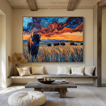 “Swirling Sky Bison Herd” - Dynamic Wildlife Painting On Canvas DKH806