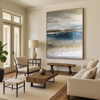 “Muted Coastal Layers” - Blue, Gray & Beige Abstract Seascape Painting On Canvas DKH0945