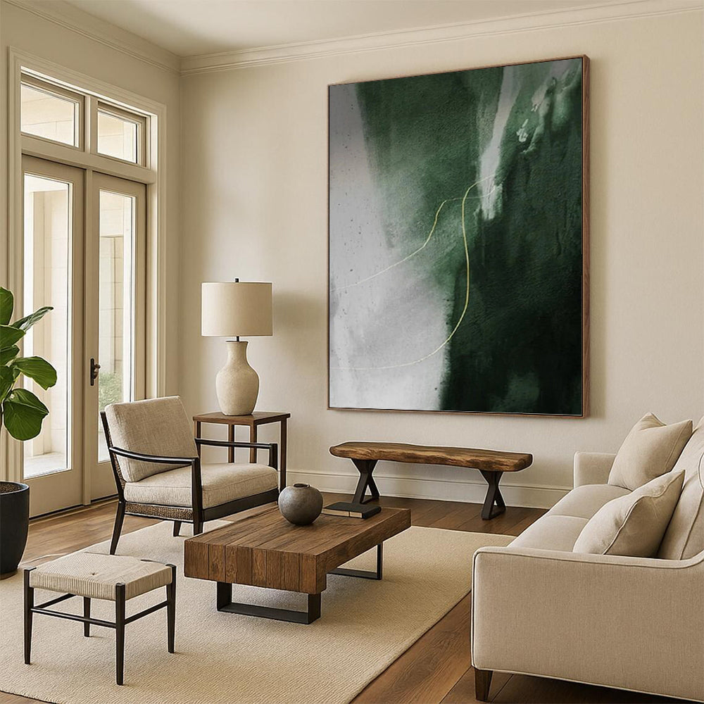 “Green & Gray With Yellow Line” - Green, Gray & Yellow Abstract Painting On Canvas DKH1209