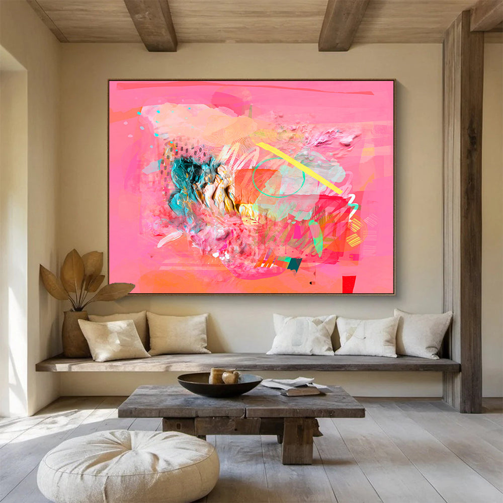 “Pink - Based Abstract Collage - Textured Layers and Colorful Accents” Painting On Canvas DKH028