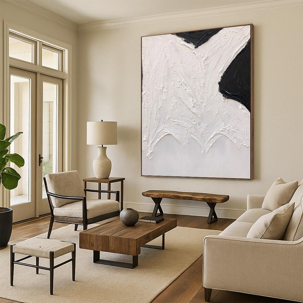 “Black, White Textured Shapes ‘Abstract Wings’” - Impasto Abstract Painting On Canvas DTP405