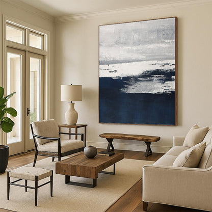 “Moody Horizons” - Gray, White & Navy Abstract Landscape - Inspired Painting On Canvas DKH1540