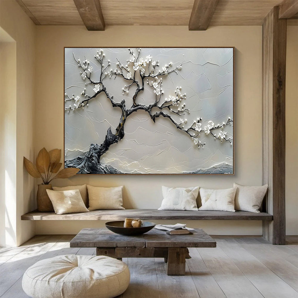 “Blossom Serenity” - Gray, White Textured Floral Relief - like Painting On Canvas DKH695