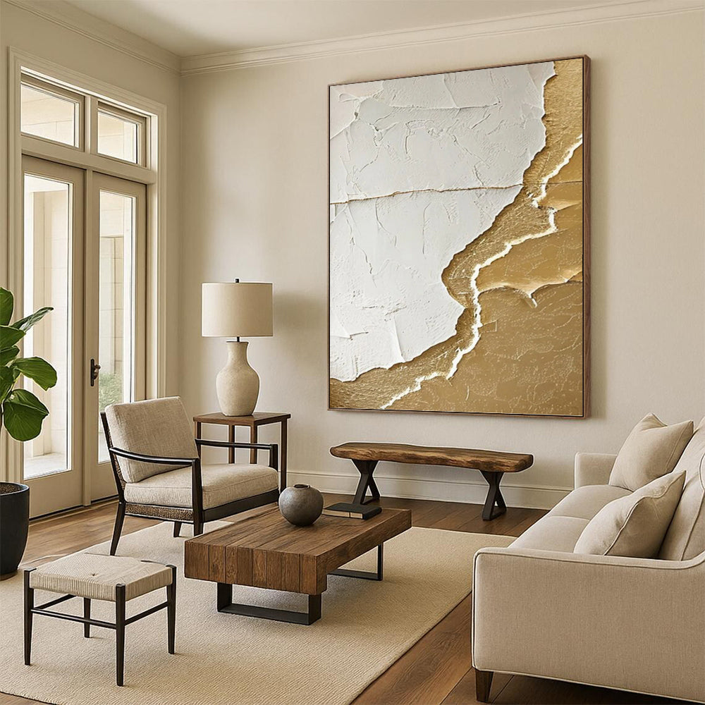 “White & Gold Textured Abstract Tear” Painting On Canvas DKH0986