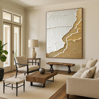 “White & Gold Textured Abstract Tear” Painting On Canvas DKH0986