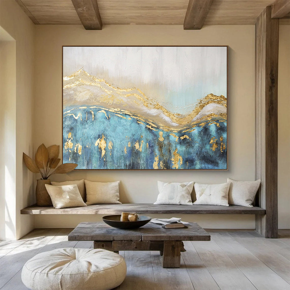 “Gilded Waves of Blue” - Blue, Gold, White Textured Abstract Painting On Canvas DKH733
