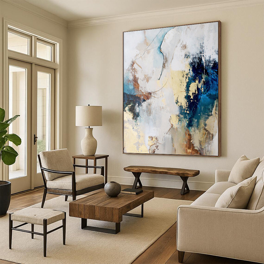 “Blue, Beige & Gold Abstract Blend” - Blue, Beige, Gold & White Eclectic Painting On Canvas DKH1018