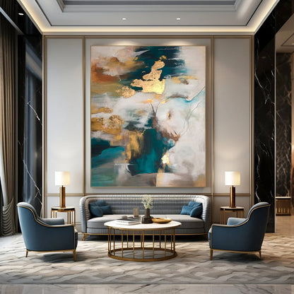 “Teal - Gold - White Abstract Clouds” – Abstract Cloud - like Art CT1002