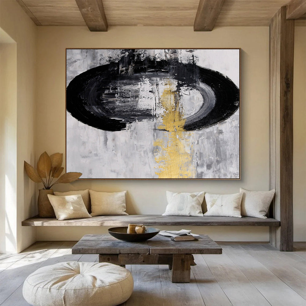“Minimalist Black and Gold - Abstract Shapes on White” Painting On Canvas DKH016