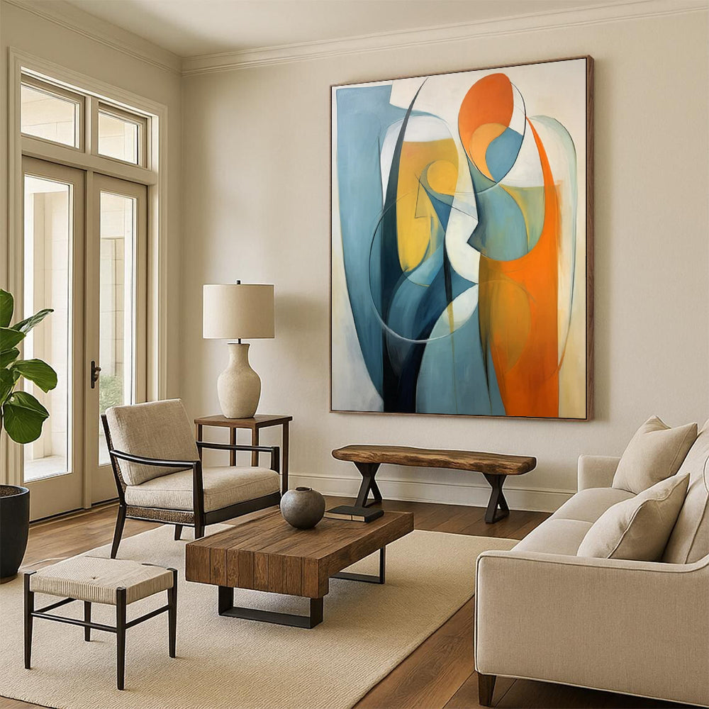 “Abstract Figures 1” - Blue, Orange & White Abstract Painting On Canvas CT2233