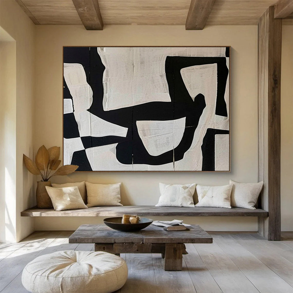“Black & White Collage Abstraction” - Black, White Minimalist Collage Painting On Canvas DKH745
