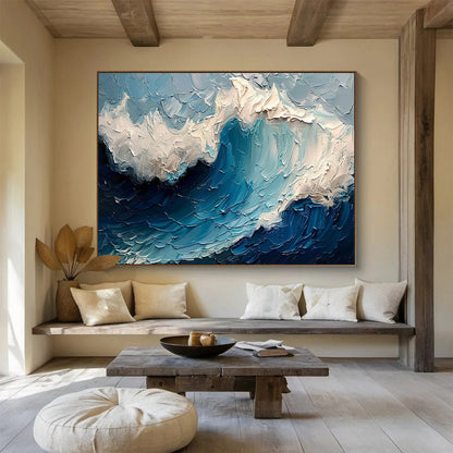 “Textured Ocean Wave” - Blue, White Impasto Seascape Painting On Canvas DKH766