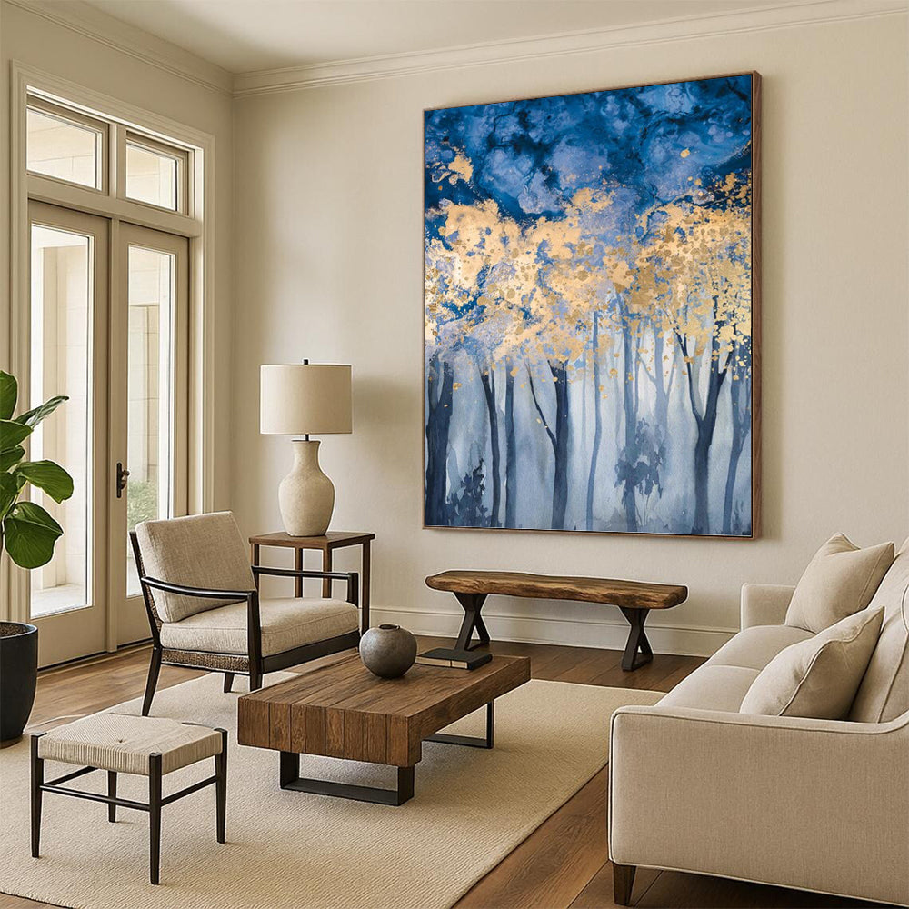 “Blue - Gold Forest Enchantment” - Blue, Gold & Gray Tree - Themed Painting On Canvas DKH0936