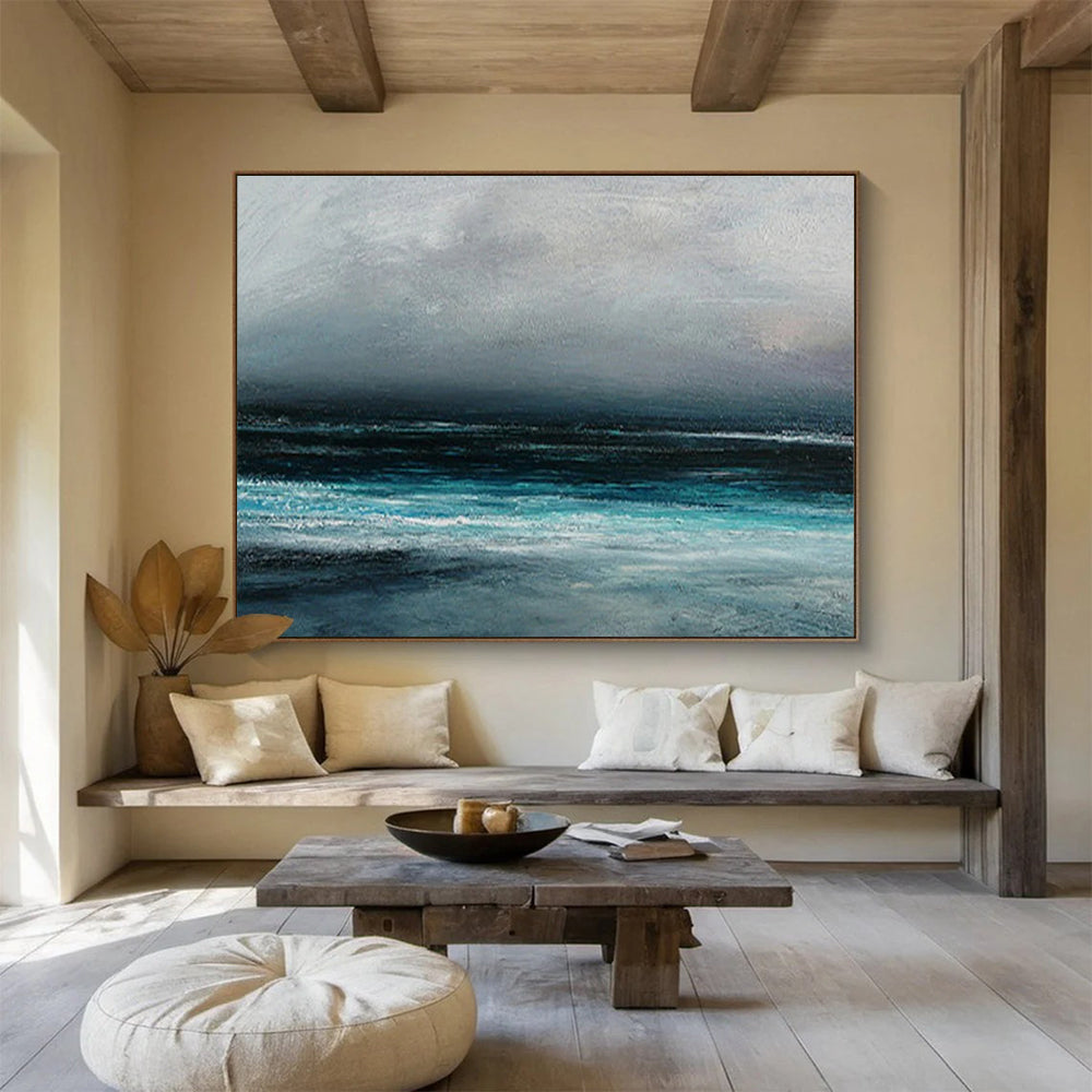 “Gray, Blue, Stormy Ocean ‘Dark Maritime Mood’” - Impressionist Seascape Painting On Canvas DLZ035