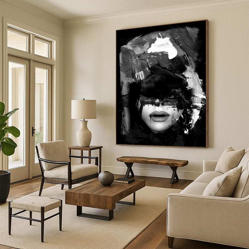 “Black - White Abstract Portrait” - Black, White Abstract Figure Painting On Canvas DTP232