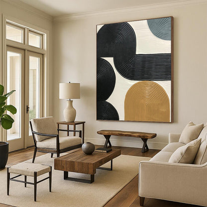 “Interlocking Ribbon Forms” - Black & Tan Textured Geometric Painting On Canvas DKH1178