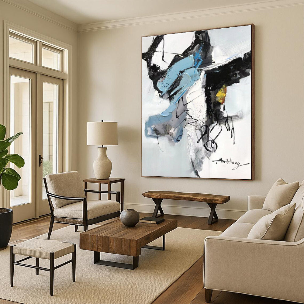 Blue, Black, White, Yellow & Gray Abstract Forms, “Energetic Balance” - Impasto Abstract Painting CT0782