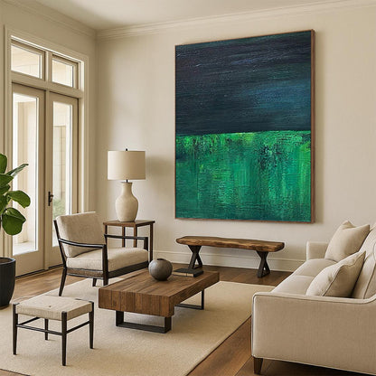 “Dark Green & Blue Layers” - Dark Green & Blue Abstract Minimalist Painting On Canvas DKH1201