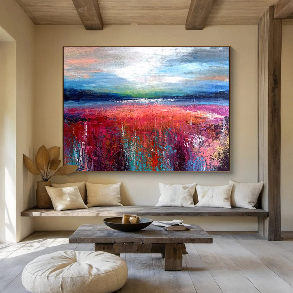 “Colorful Field Abstract - Pinks, Reds, and Blues Under a Dynamic Sky” Painting On Canvas DKH010