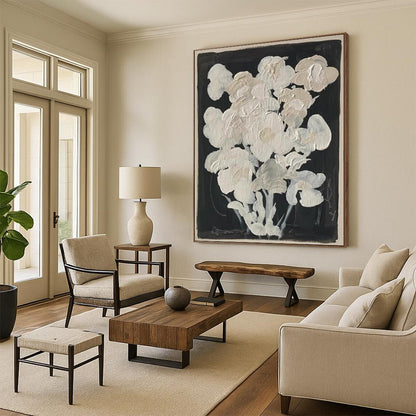 “White Flowers on Black” - Minimalist Floral Painting On Canvas DTP140