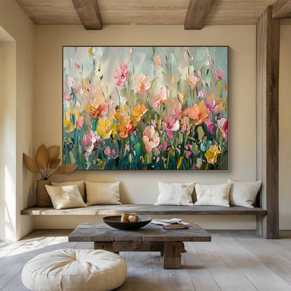 “Pastel Flower Field” - Soft - Hued, Textured Floral Impressionistic Painting On Canvas DKH709