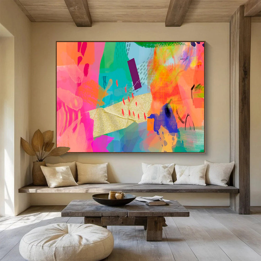 Vibrant Mixed - Media Abstract in Neon and Gold Painting On Canvas DKH199