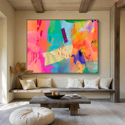 Vibrant Mixed - Media Abstract in Neon and Gold Painting On Canvas DKH199