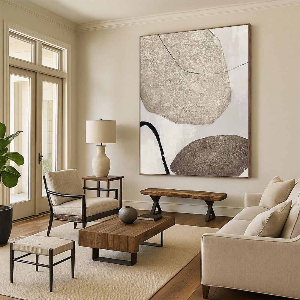 “Textured Neutral Shapes with Black Lines” - Minimalist Abstract Painting On Canvas DKH1121