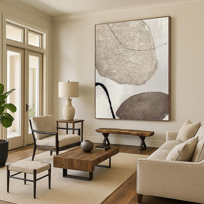 “Textured Neutral Shapes with Black Lines” - Minimalist Abstract Painting On Canvas DKH1121