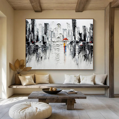 Monochrome City Stroll - Gray, White & Red Urban Painting On Canvas DKH895