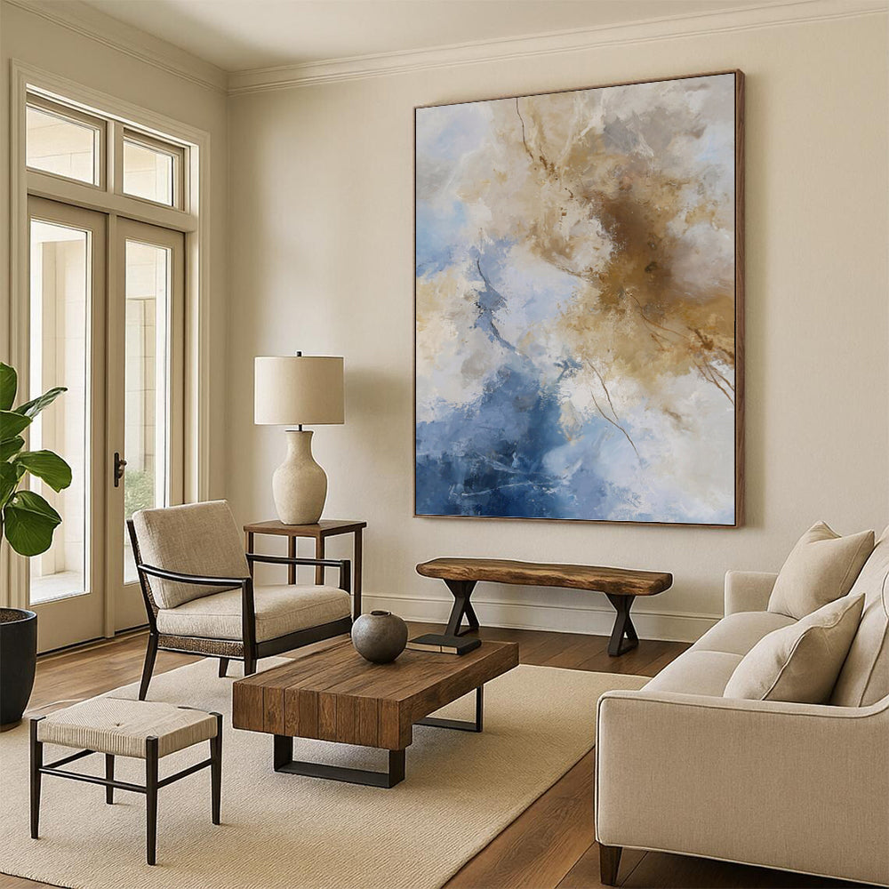 “Blue & Beige Abstract Clouds” - Blue, Beige & White Airy Painting On Canvas DKH1020