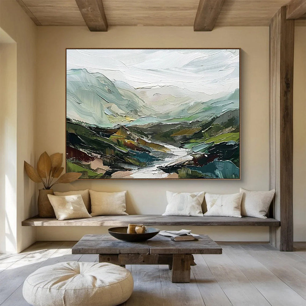 “Textured Mountain Vista” - Green, Blue, Gray Landscape Oil Painting On Canvas DKH725