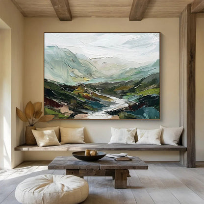 “Textured Mountain Vista” - Green, Blue, Gray Landscape Oil Painting On Canvas DKH725