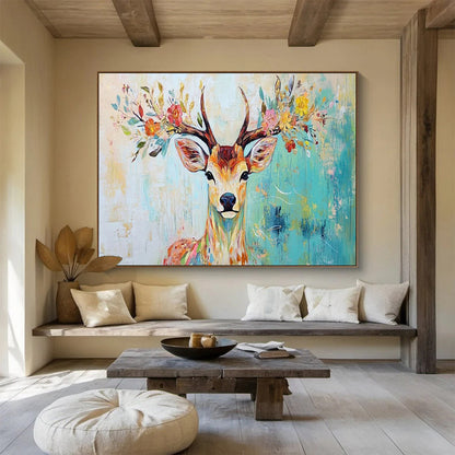 “Floral - Antlered Deer” - Whimsical Animal Painting On Canvas DKH803