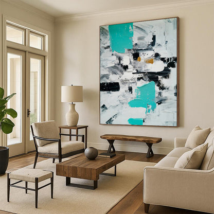 Turquoise, Gray, and Gold Abstract Blocks - Modern Abstract Painting On Canvas DKH1347