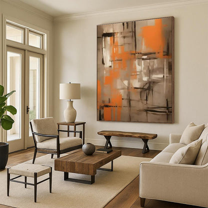 “Orange - Gray Abstract Grid” ，Abstract Acrylic Painting CT0816