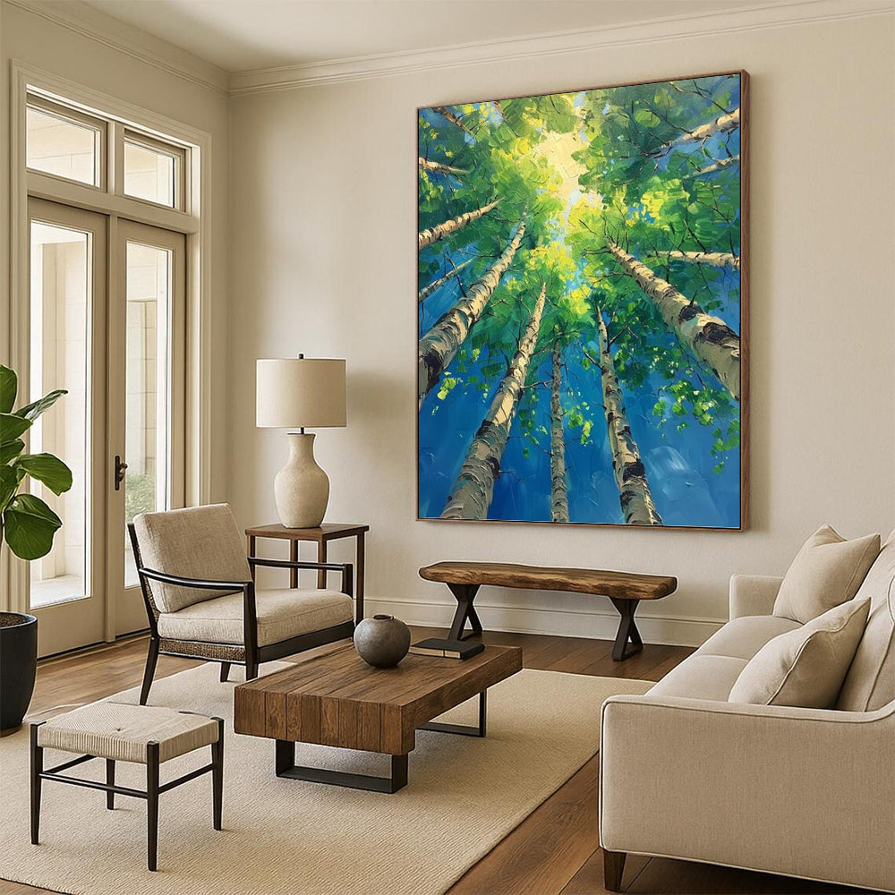 “Sunlit Canopy” - Green, Blue & Yellow Tree - Top Landscape Painting On Canvas DKH1552