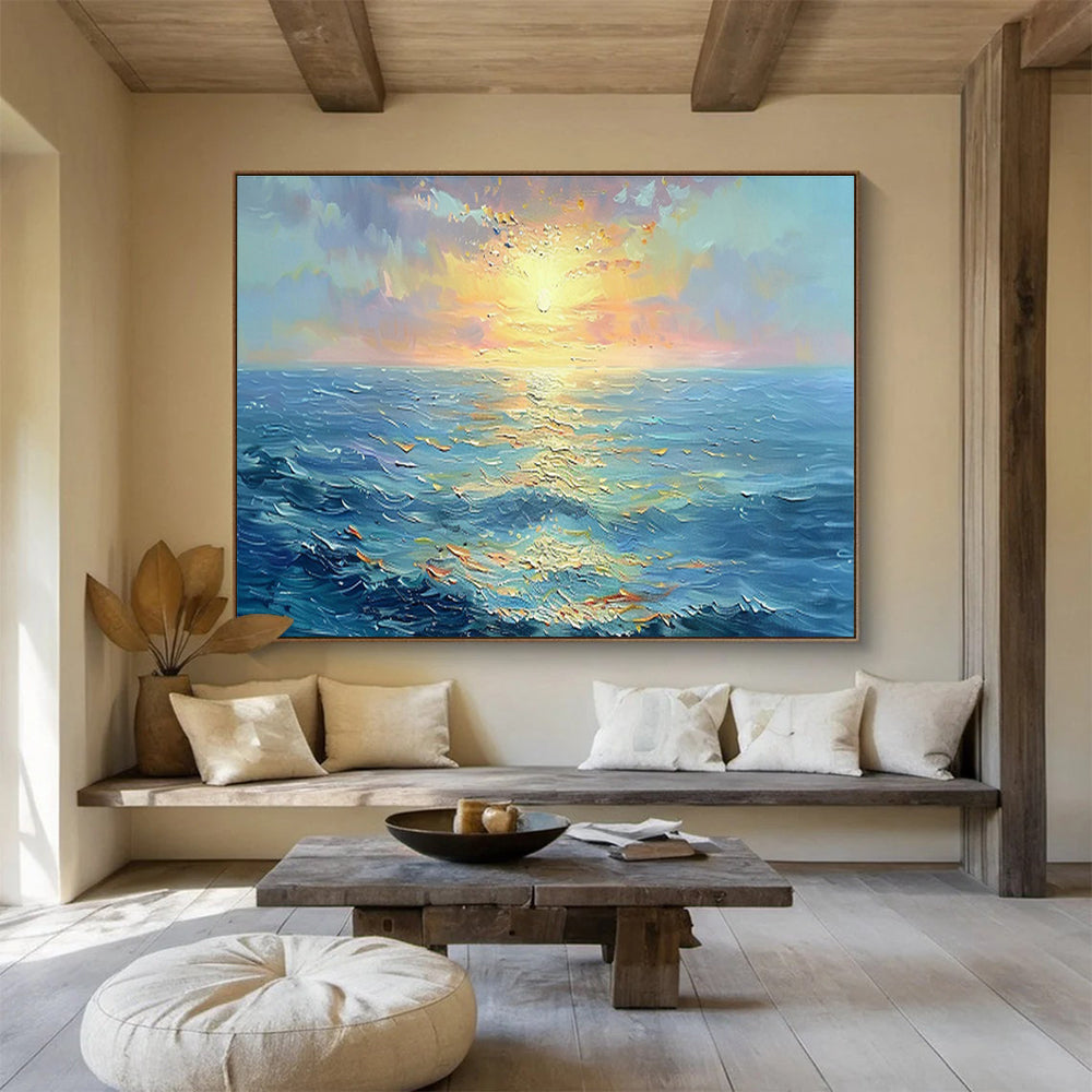 “Sunset Sea Sparkle” - Blue, Orange, Yellow Impressionistic Seascape Painting On Canvas DKH760