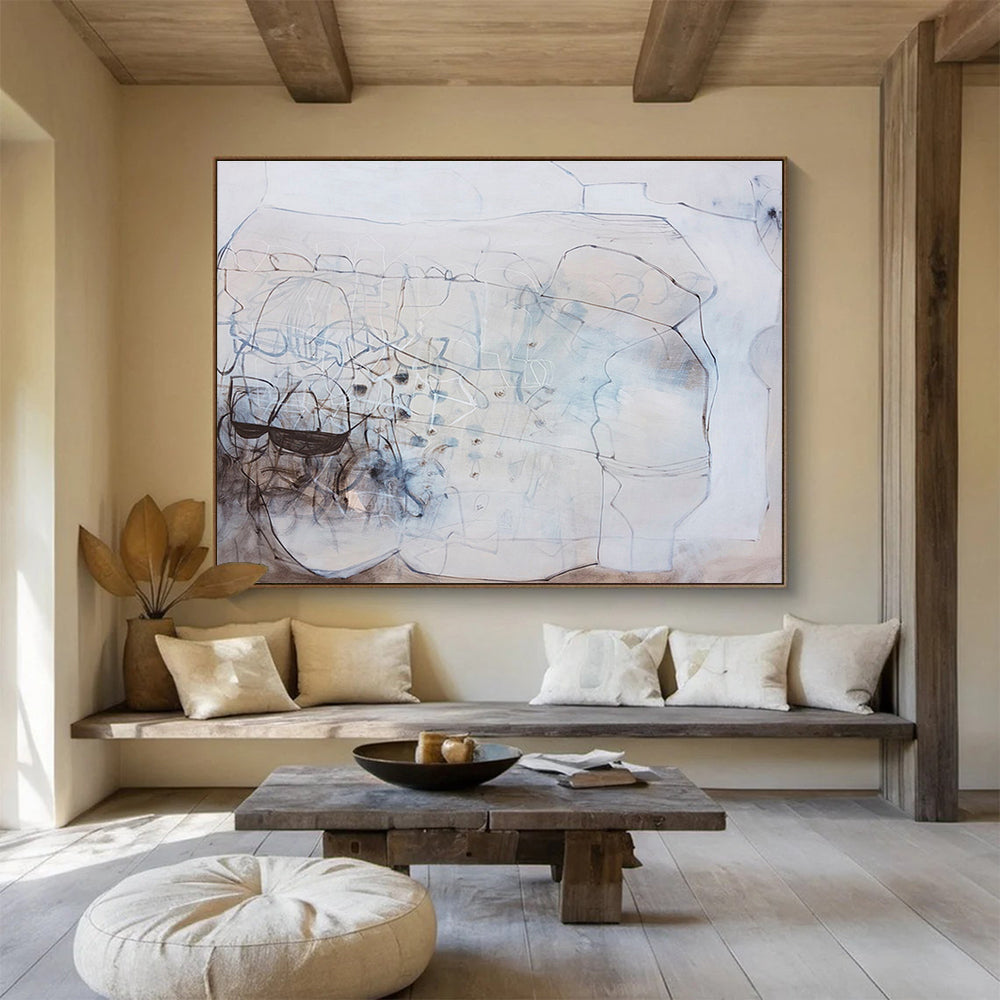 Monochrome Linear Abstract “Subtle Linear Story” Painting On Canvas DKH080