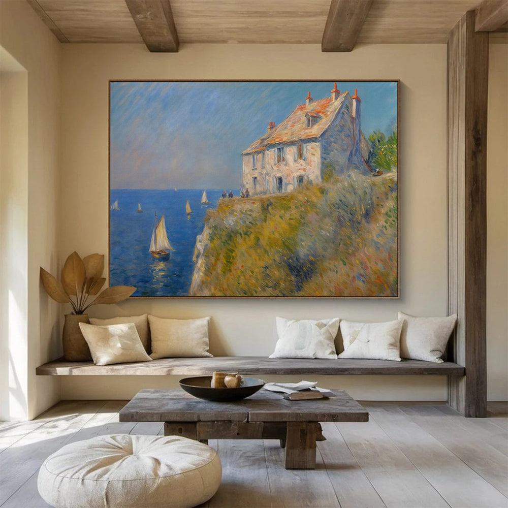 Coastal House with Sailboats Impressionist Painting On Canvas DKH222