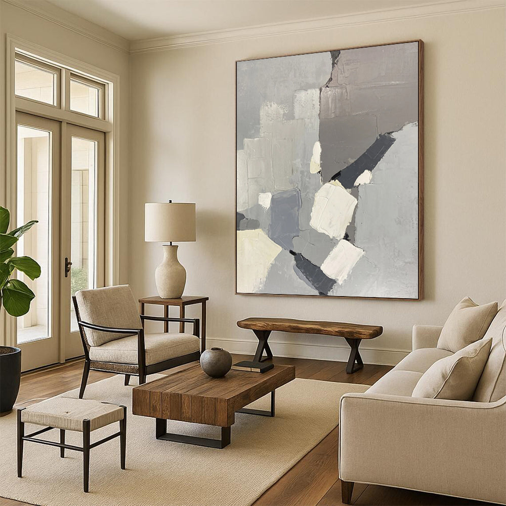 “Gray - Toned Geometric Abstraction” - Gray, White & Black Abstract Geometric Shapes Painting On Canvas DKH1586