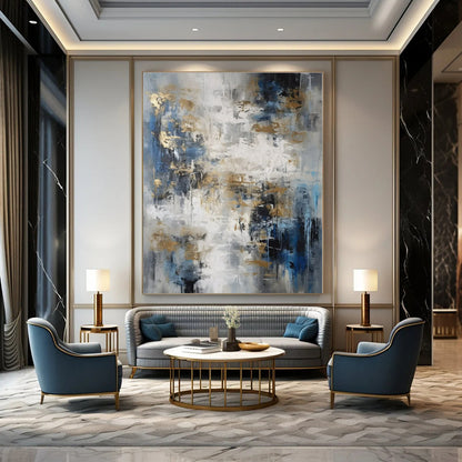 Blue, Grey & Gold Abstract - Abstract Expressionist Acrylic On Canvas CT1303