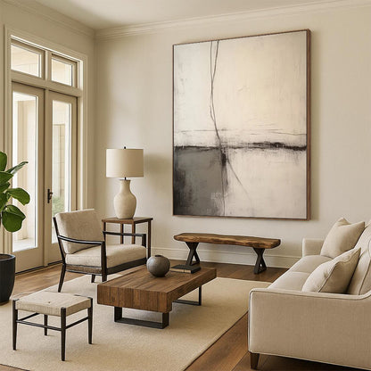 “Black, White, Gray Textured Lines ‘Quiet Contemplation’” - Impasto Abstract Painting On Canvas DTP370