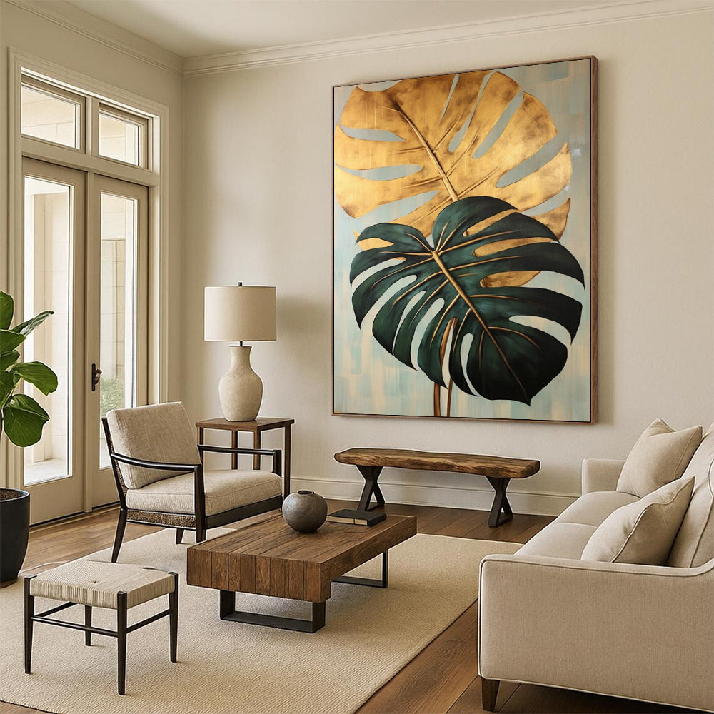 “Gilded Monstera Leaves” - Gold & Green Monstera Leaves Painting On Canvas CT2195