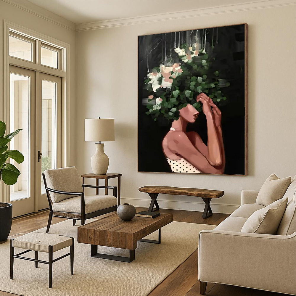 “Black, Green, White Floral Head ‘Botanical Elegance’” - Figurative Flower Painting On Canvas DTP323